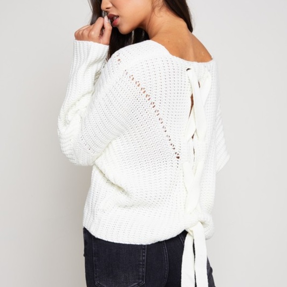 Small Ivory Lush V Neck Lace Up Back Long Sleeve Sweater - Picture 6 of 10